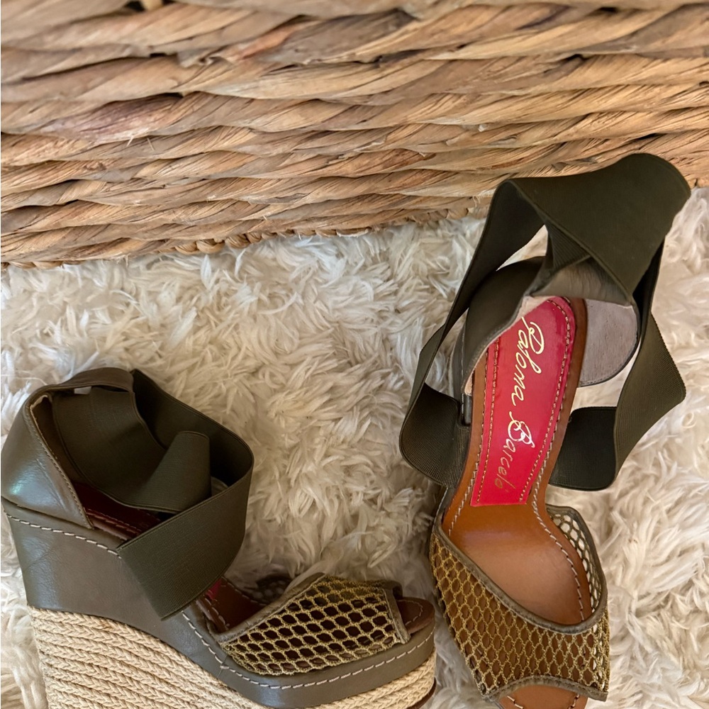Paloma Barcelo Khaki and Tan Wedge Sandals made in Spain